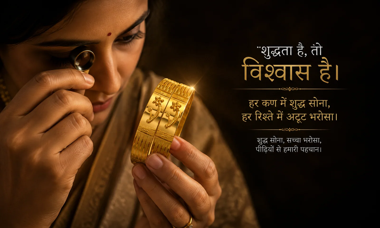 Crafted to Perfection, trusted for generations — a goldsmith examining a gold bangle through a loupe.