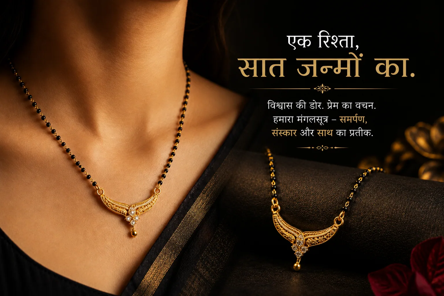 A Bond That Shines Forever — a gold and black-bead mangalsutra worn, with a second shown beside it.